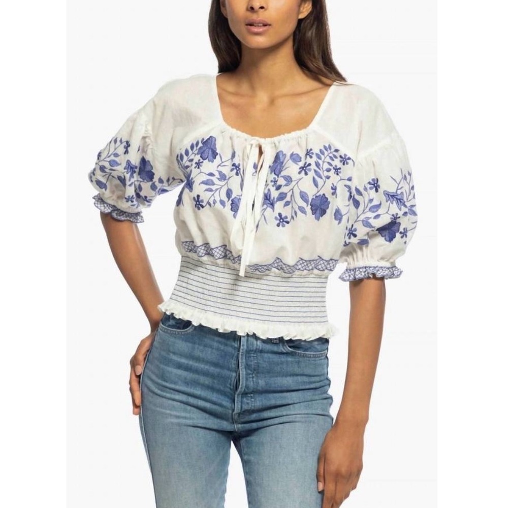Shoshanna White Floral Diego Embroidered Linen Peasant Top - Large